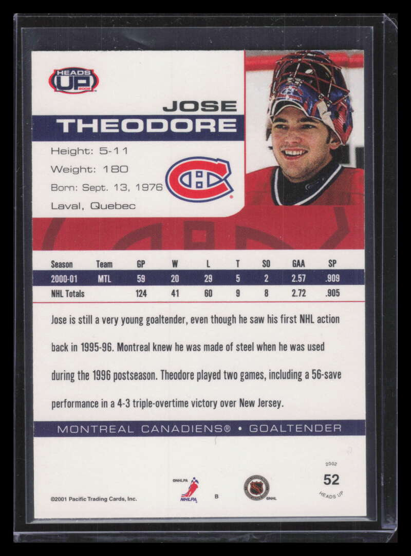 2001-02 Pacific Heads Up Premiere Date 52 Jose Theodore 50/105