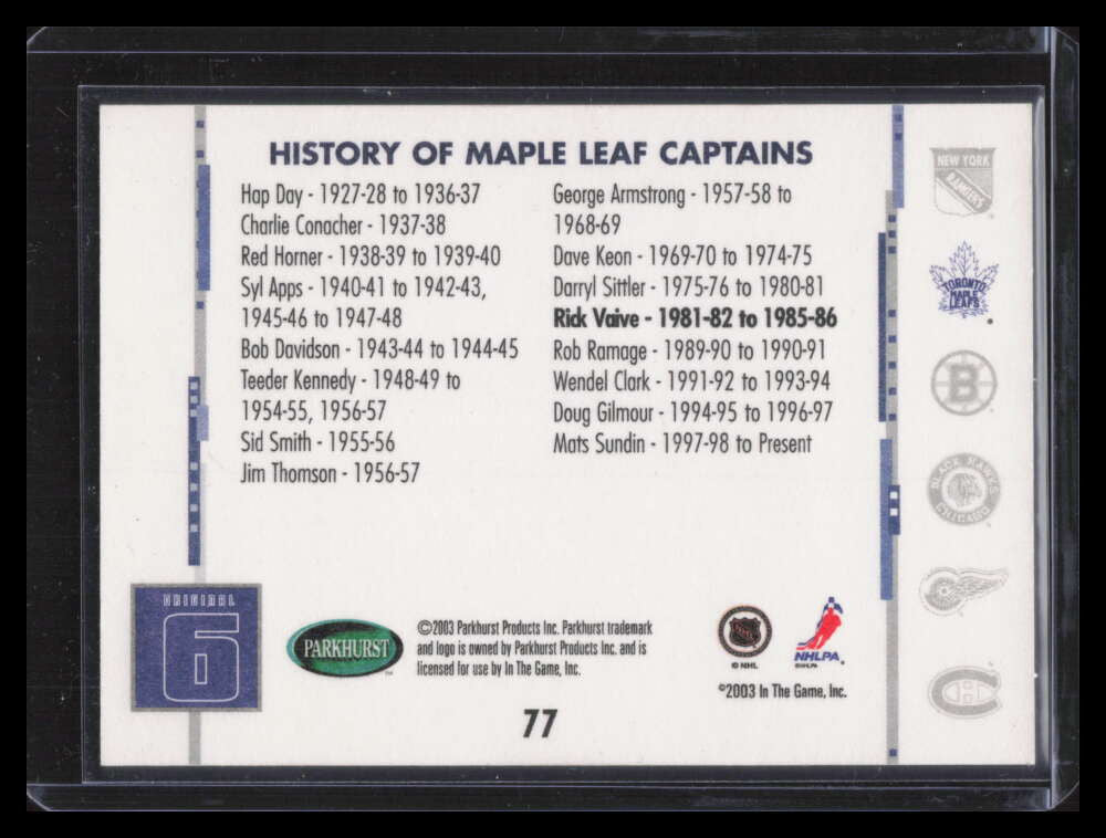 2003-04 Parkhurst Original Six The National Cleveland 77 Rick Vaive 8/10