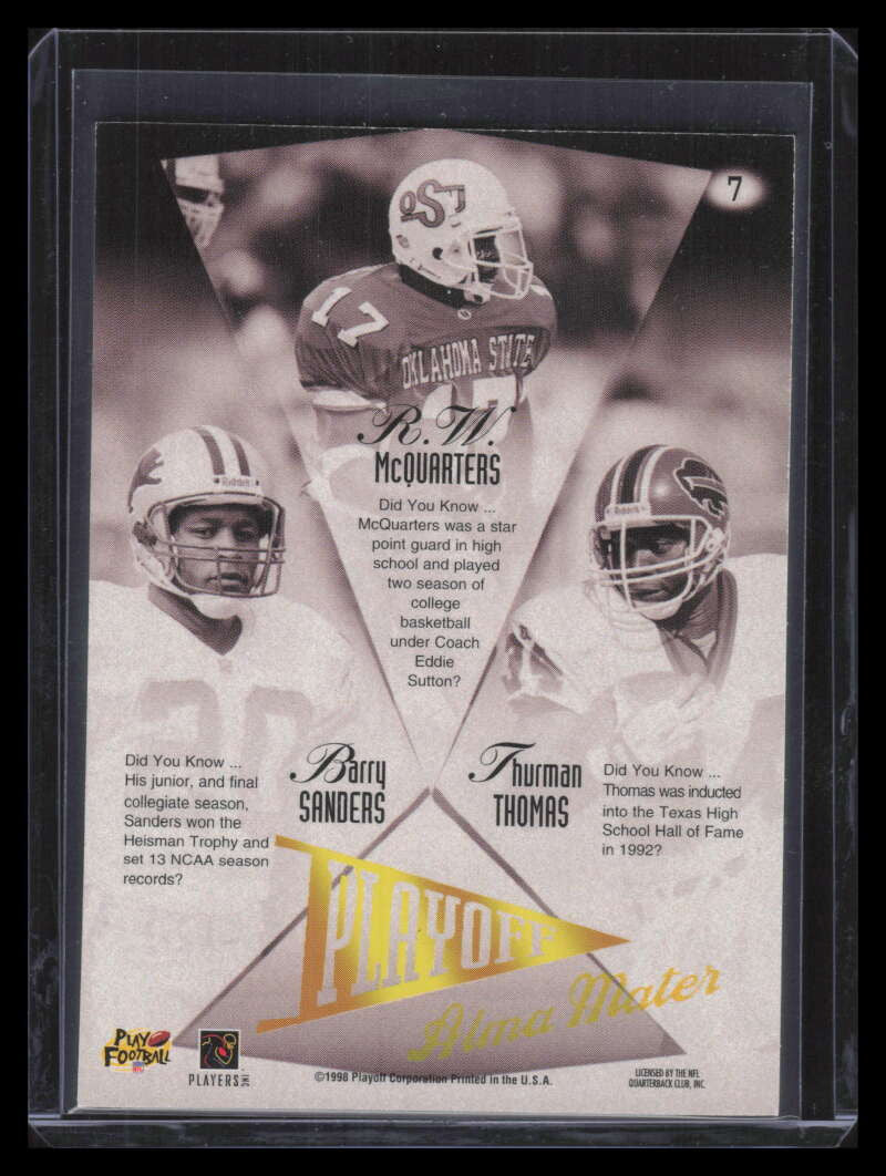 1998 Playoff Prestige Alma Maters 7 McQuarters RC Thurman Thomas Barry Sanders