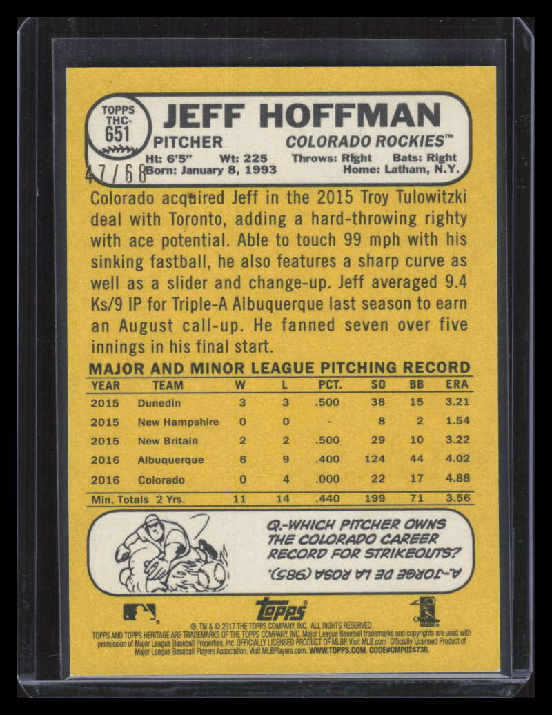 2017 Topps Heritage Chrome Blue Refractor thc651 Jeff Hoffman Rookie 47/68