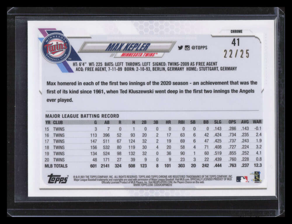 2021 Topps Chrome Orange Wave Refractor 41 Max Kepler 22/25