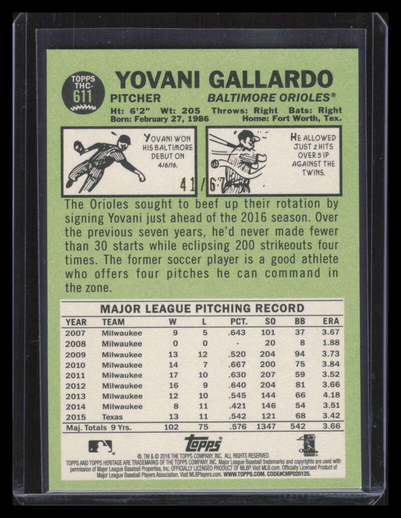 2016 Topps Heritage Chrome Black Refractor thc611 Yovani Gallardo 41/67