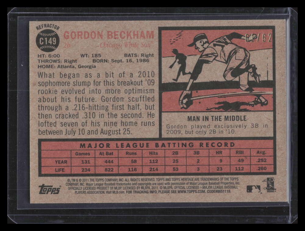 2011 Topps Heritage Chrome Black Refractor c149 Gordon Beckham 61/62