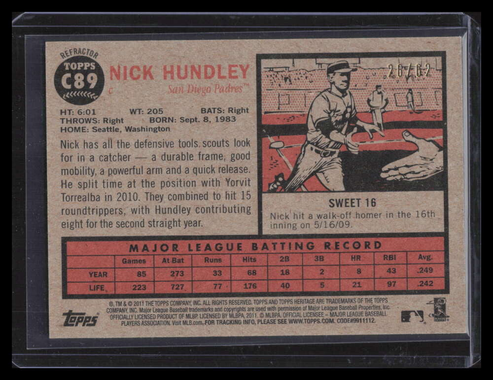 2011 Topps Hertiage Chrome Black Refractor c89 Nick Hundley 26/62