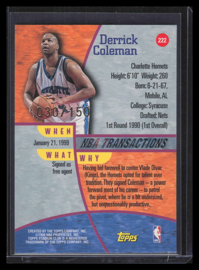 1998-99 Stadium Club One Of A Kind 222 Derrick Coleman TRAN 30/150 Transactions
