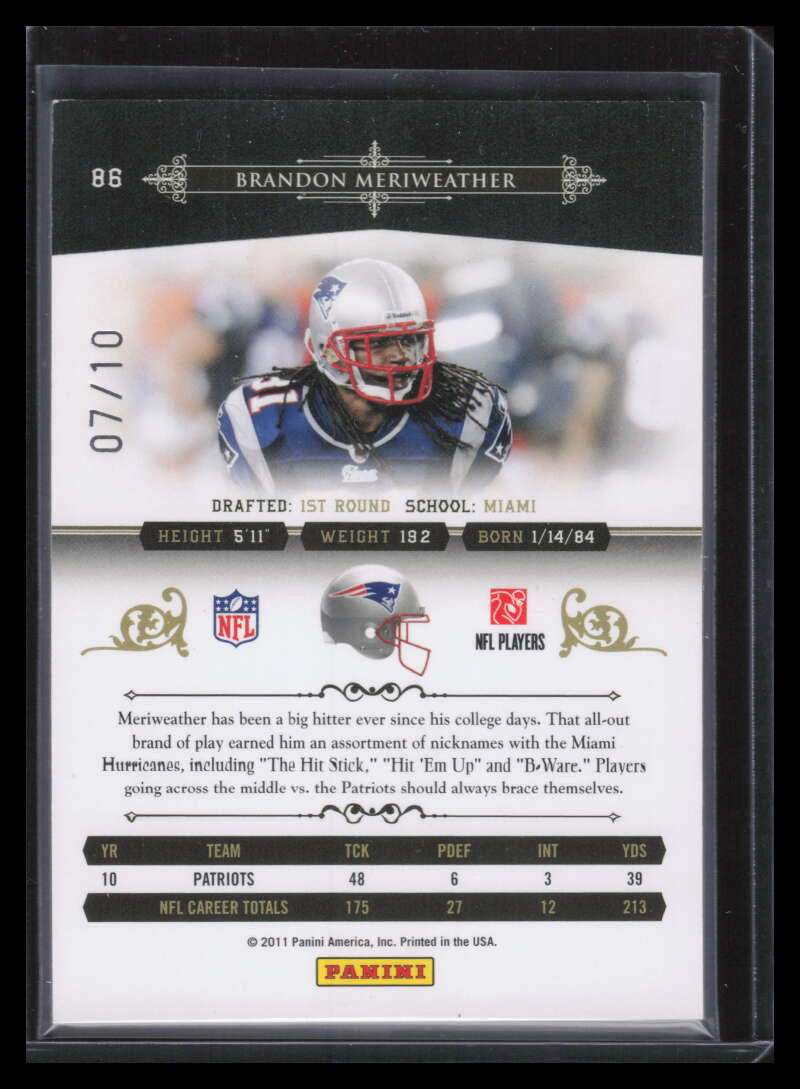 2010 Playoff National Treasures Century Gold 86 Brandon Meriweather 7/10
