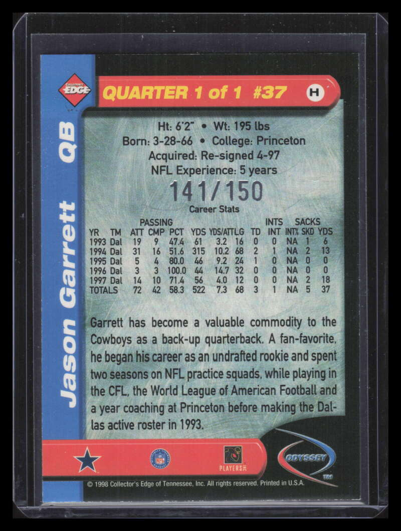 1998 Collector's Edge Odyssey Level 2 HoloGold h37 Jason Garrett Rookie 141/150