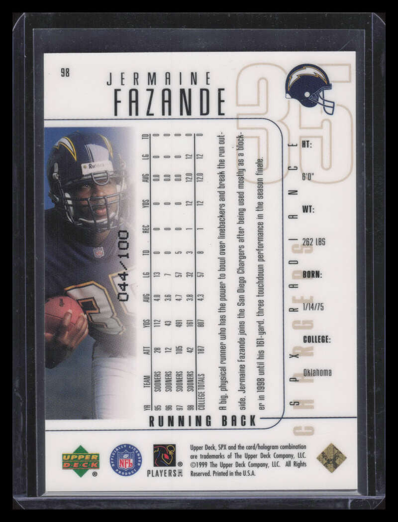 1999 SPx Radiance 98 Jermaine Fazande Rookie 44/100
