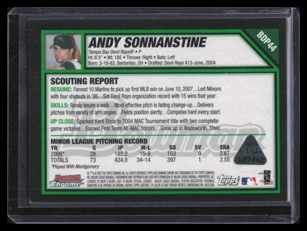 2007 Bowman Chrome Draft Printing Plate Black bdp44 Andy Sonnanstine Rookie 1/1