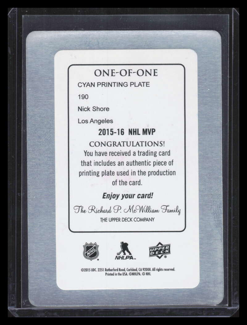 2015-16 Upper Deck MVP Printing Plate Cyan 190 Nick Shore Rookie 1/1