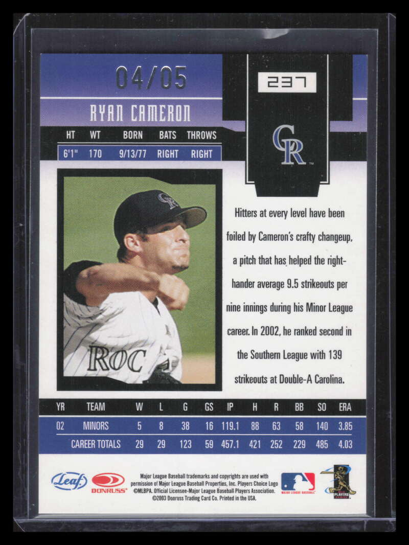 2003 Leaf Certified Materials Mirror Emerald 237 Ryan Cameron NG Rookie 4/5