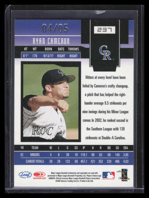 2003 Leaf Certified Materials Mirror Emerald 237 Ryan Cameron NG Rookie 4/5