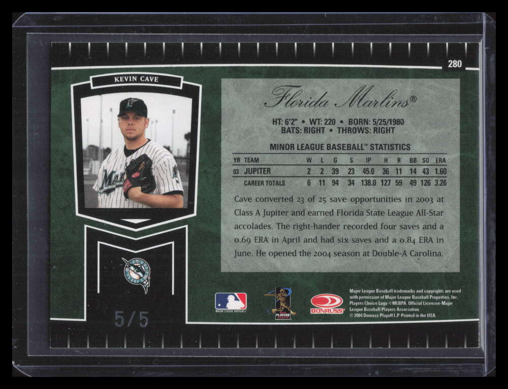 2004 Leaf Certified Cuts Marble Emerald 280 Kevin Cave ROO Rookie 5/5