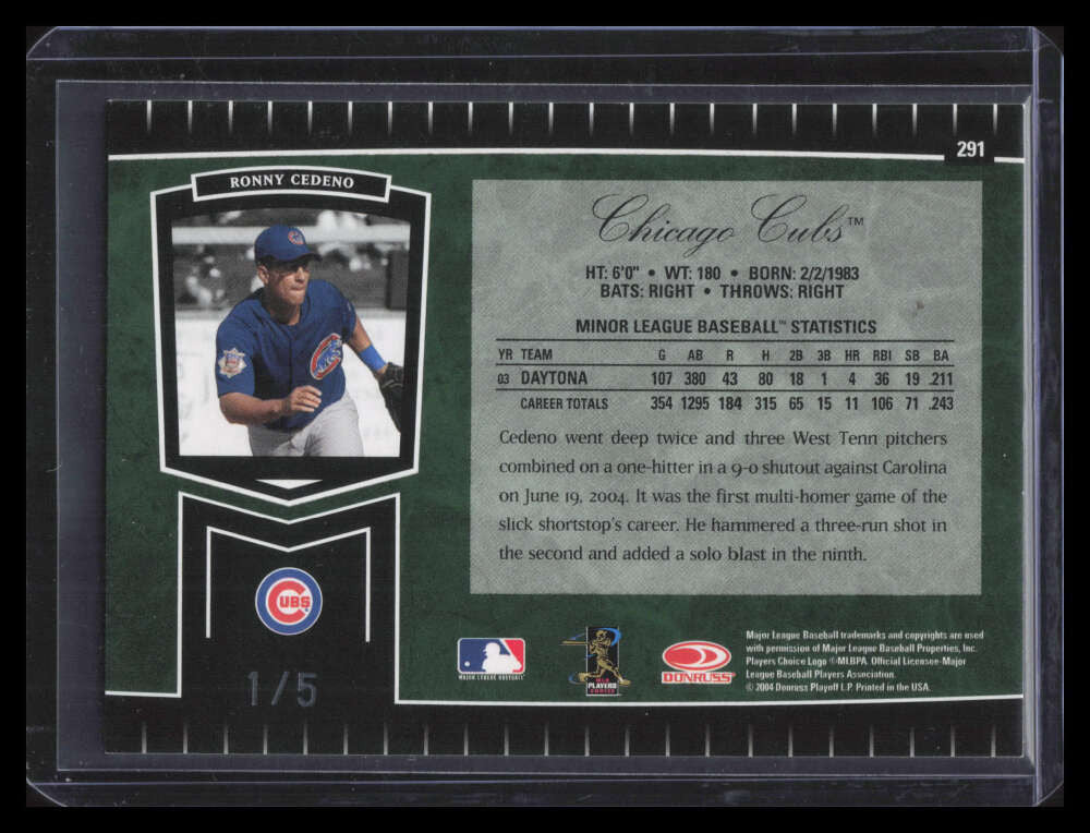 2004 Leaf Certified Cuts Marble Emerald 291 Ronny Cedeno ROO Rookie 1/5