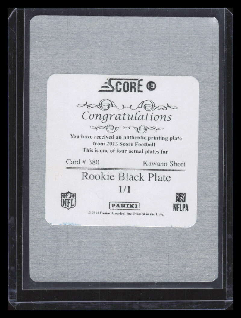 2013 Score Printing Plate Black 380 Kawann Short Rookie 1/1