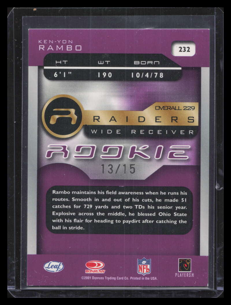 2001 Quantum Leaf Infinity Purple 232 Ken-Yon Rambo Rookie 13/15