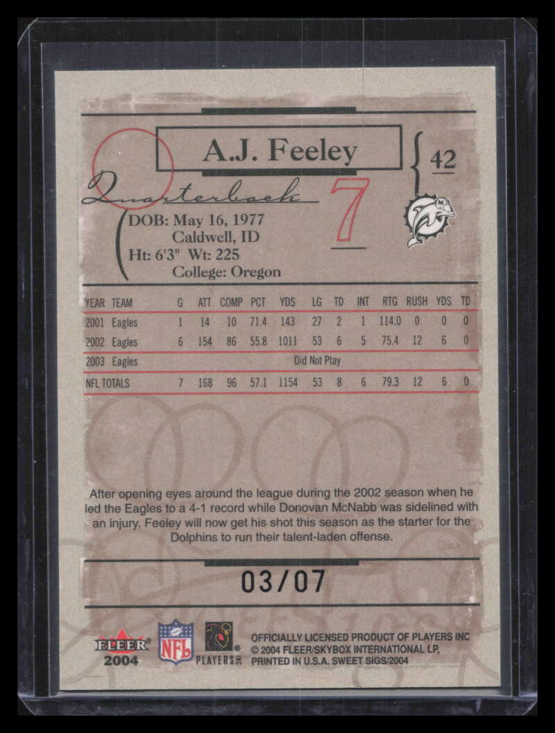2004 Fleer Sweet Sigs Black 42 A. J. Feeley 3/7