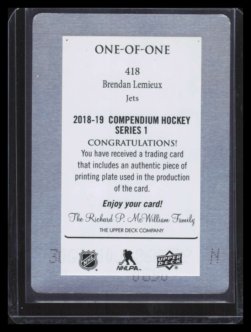 2018-19 Upper Deck Compendium Printing Plate Cyan 418 Brendan Lemieux 1/1