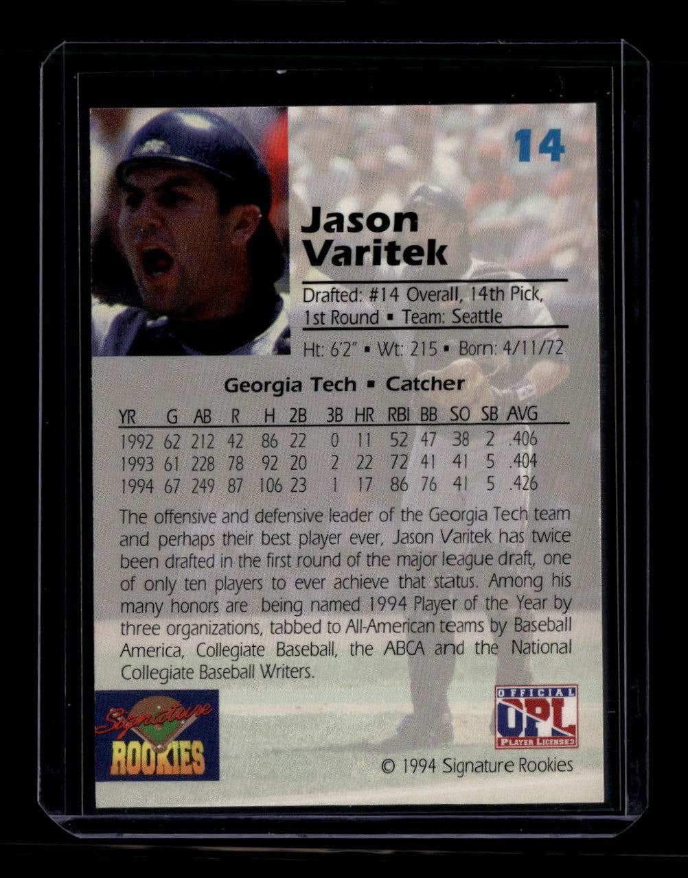 SOLD 180242 1994 Signature Rookies Draft Picks Signatures 14 Jason Varitek RC Auto 6685/7750