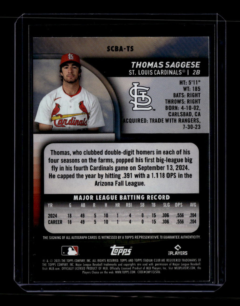 2025 Stadium Club Autographs Gold SCBATS Thomas Saggese Rookie Auto 45/50