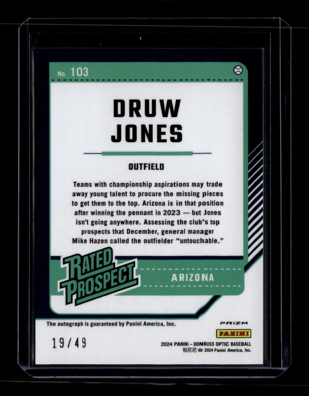 2024 Donruss Optic Rated Prospects Signatures Purple 103 Druw Jones RC Auto /49