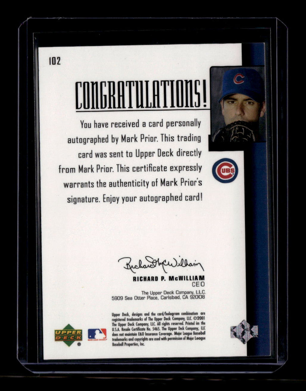 SOLD 180249 2001 Upper Deck Prospect Premieres 102 Mark Prior Rookie Auto 672/1000