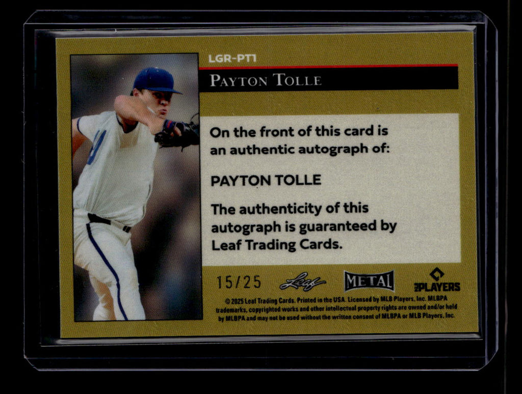 2025 Leaf Metal 92 Gold Rookies Autograph Blue lgrpt1 Payton Tolle RC Auto 15/25