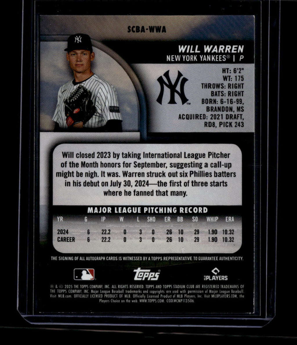2025 Stadium Club Autographs SCBAWWA Will Warren Rookie Auto