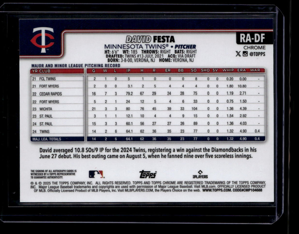 2025 Topps Chrome Logofractor Autographs Gold Refractor David Festa RC Auto /50