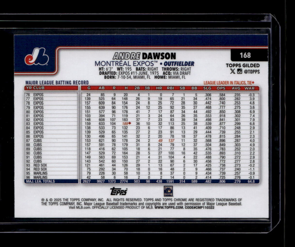 2025 Topps Chrome Gilded Collection Gold Wave Refractor 168 Andre Dawson 27/75