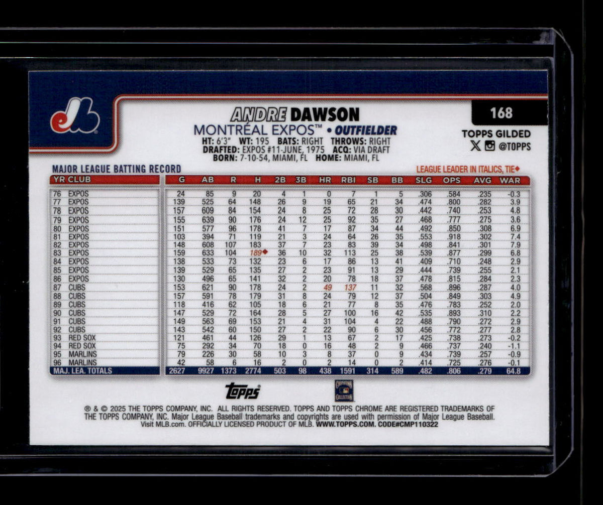 2025 Topps Chrome Gilded Collection Gold Wave Refractor 168 Andre Dawson 27/75