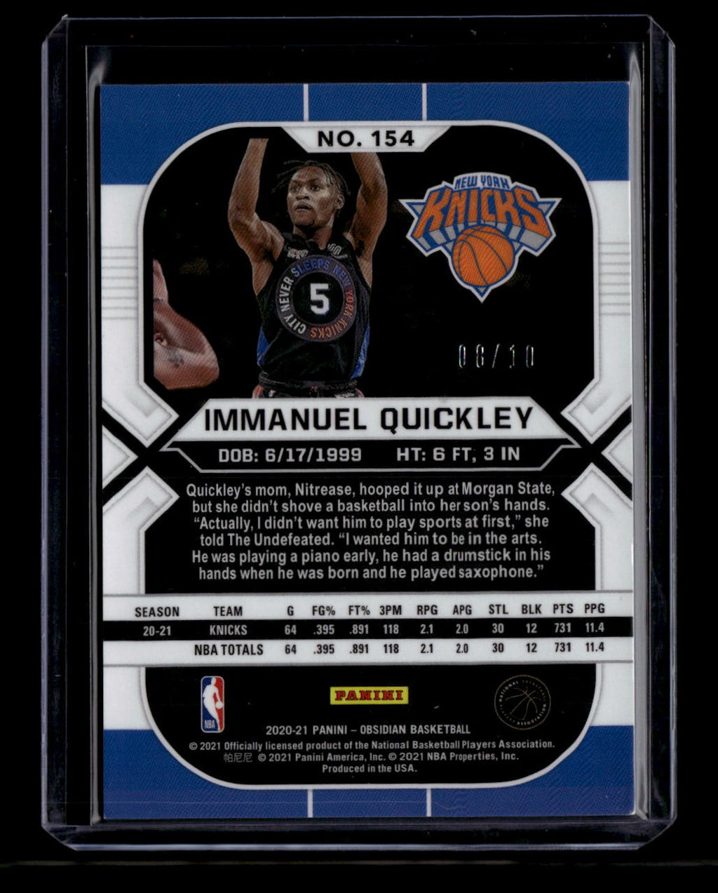 SOLD 180278 2020-21 Panini Obsidian Electric Etch Yellow 154 Immanuel Quickley Rookie 8/10