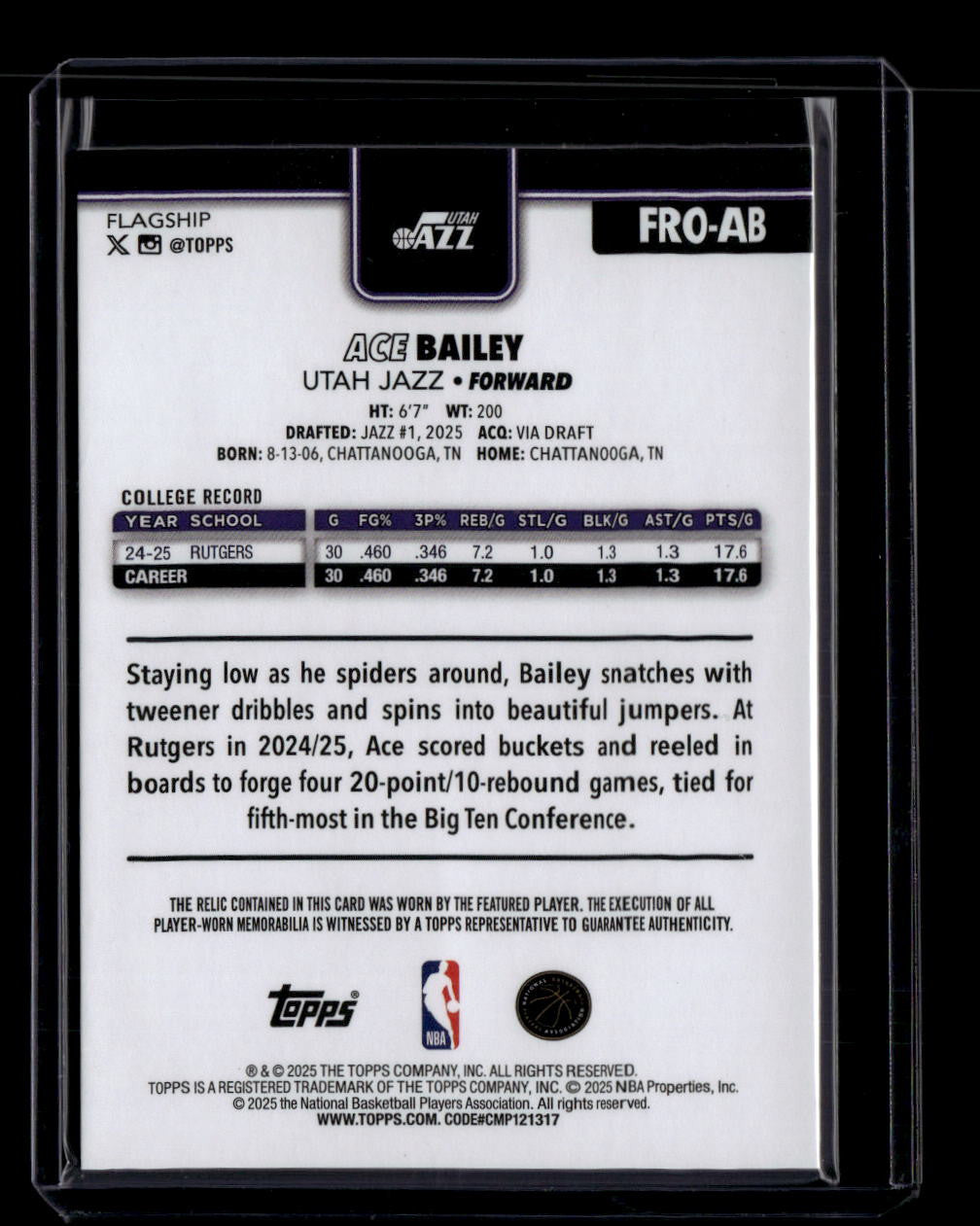 SOLD 180284 2025-26 Topps Flagship Real One Relics FROAB Ace Bailey Rookie Jersey