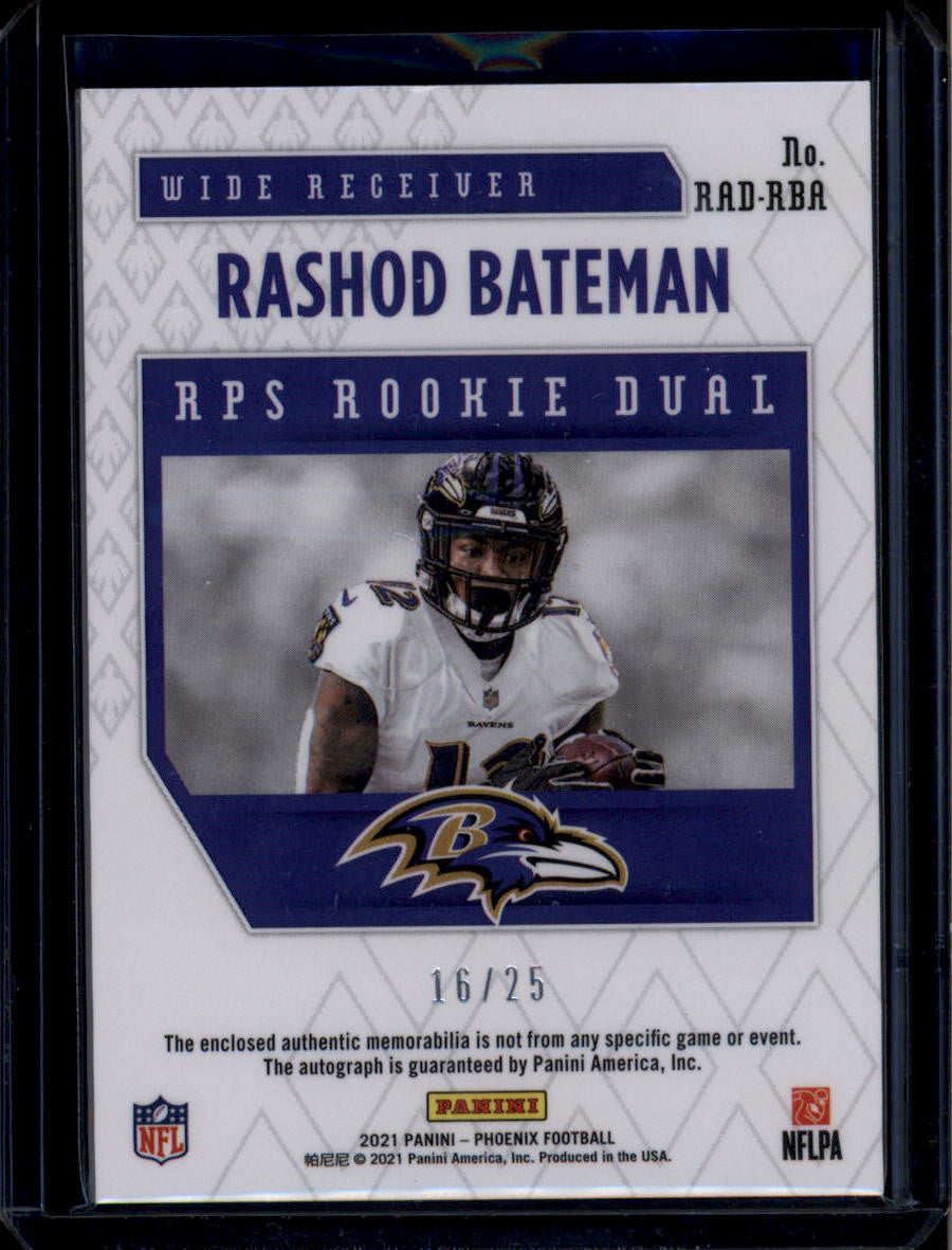 2021 Panini Phoenix Rookie Autographs Blue Rashod Bateman RC Dual Patch Auto /25