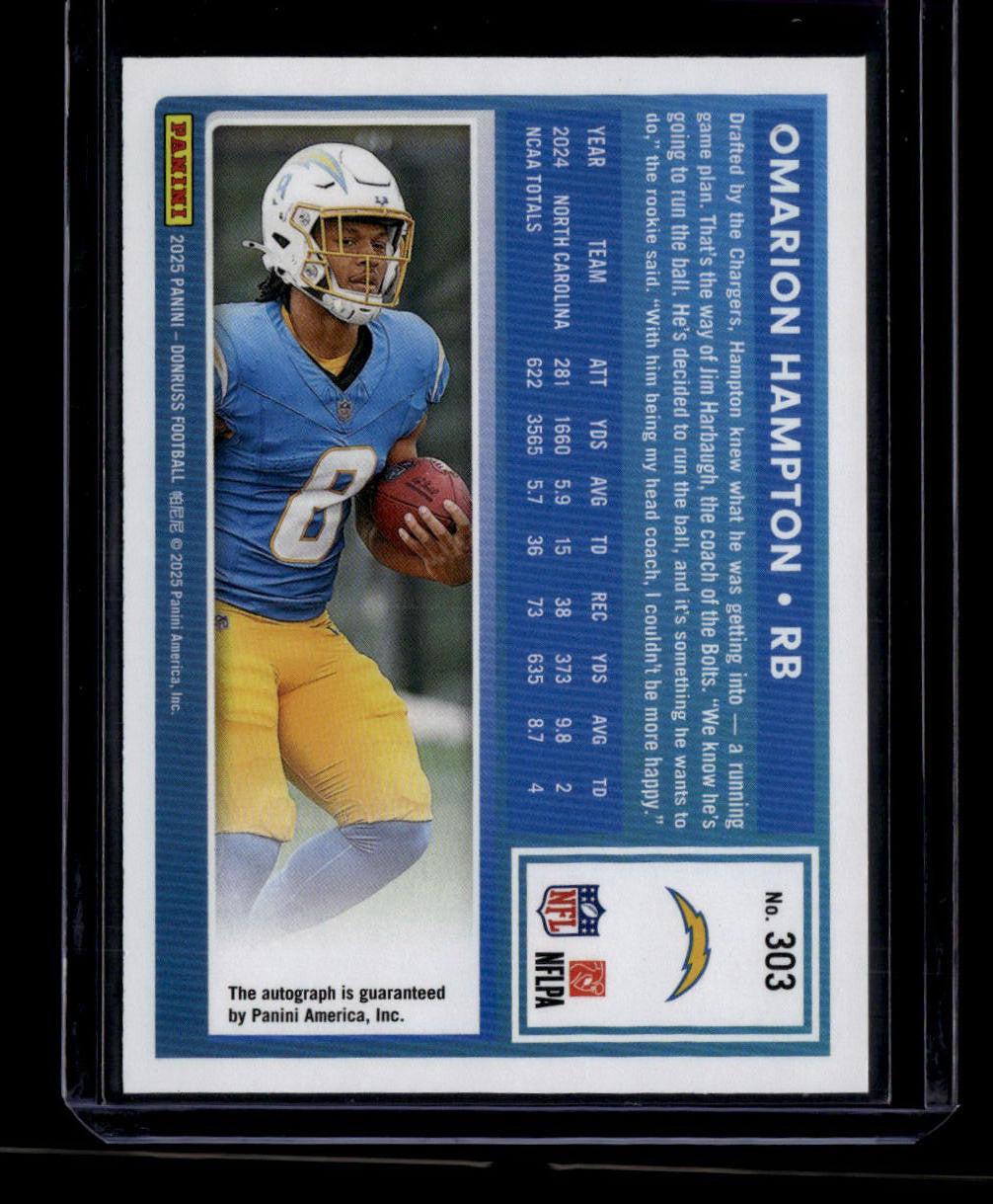 SOLD 180334 2025 Donruss Rated Rookies Autographs Orange 303 Omarion Hampton Rookie Auto