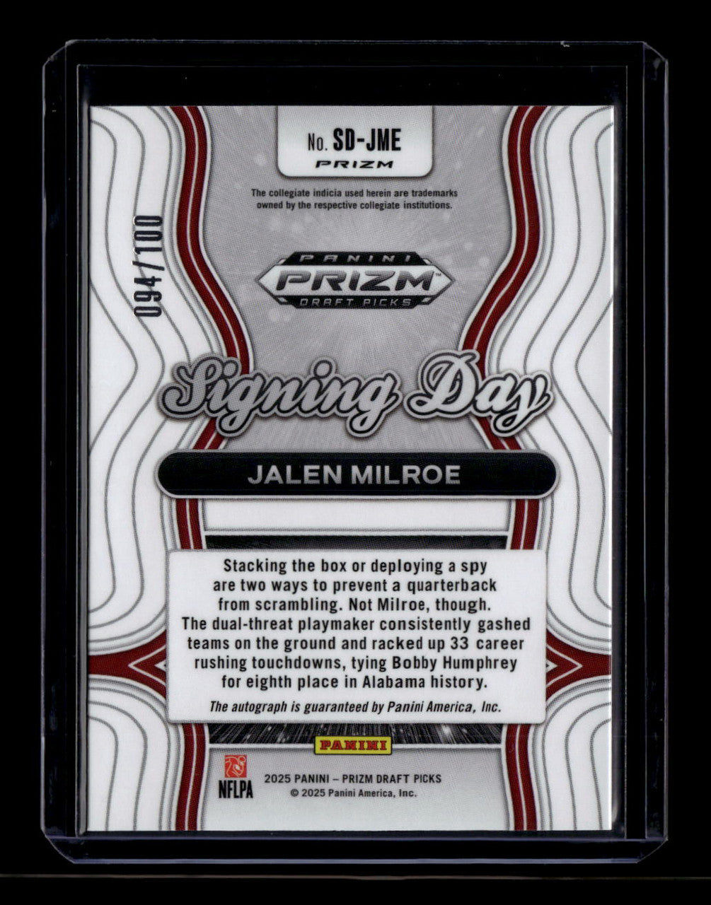 2025 Panini Prizm Draft Picks Signing Day Red 3 Jalen Milroe Rookie Auto 94/100