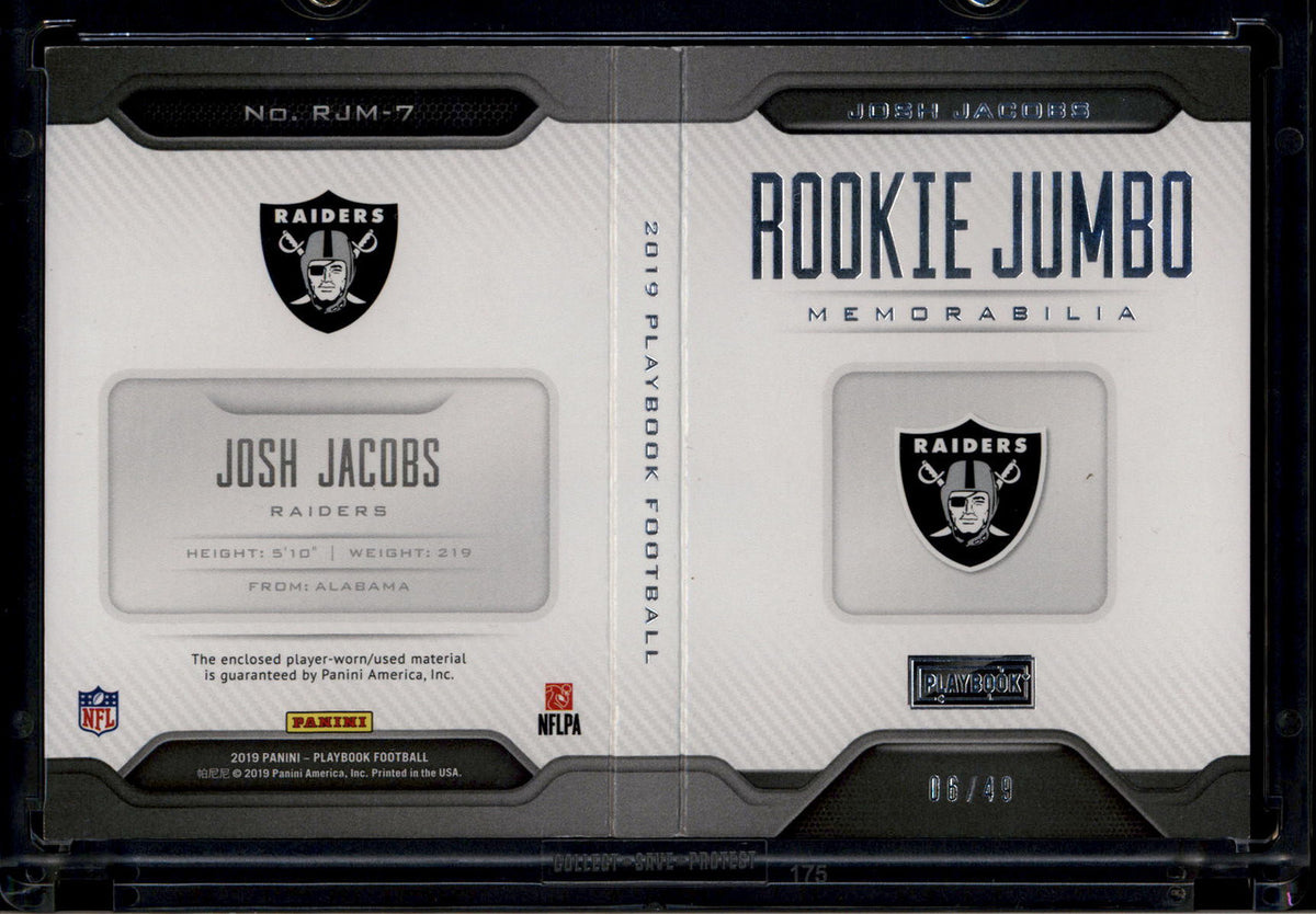 SOLD 180339 2019 Panini Playbook Rookie Jumbo Memorabilia Booklet Josh Jacobs RC Jersey 6/49