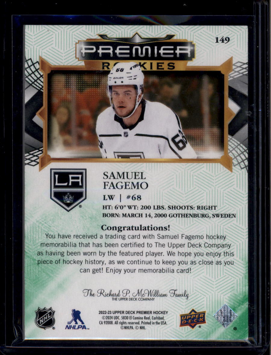 2022-23 Upper Deck Premier Jerseys Fight Strap 149 Samuel Fagemo RC Patch 10/15