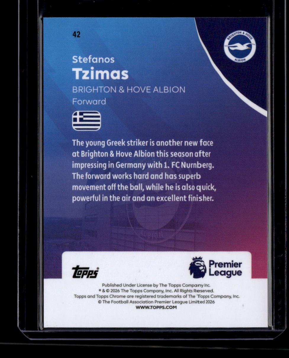 SOLD 180361 2025-26 Topps Chrome EPL Gold Wave Refractor 42 Stefanos Tzimas Rookie 7/50