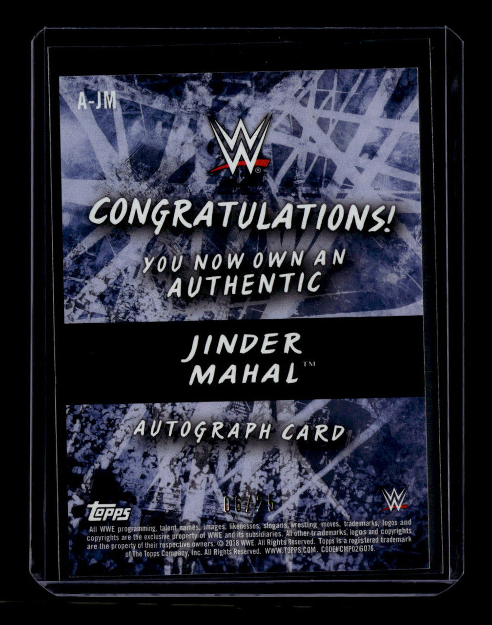 SOLD 180382 2018 Topps WWE Road to WrestleMania Autographs Silver AJM Jinder Mahal Auto 6/25