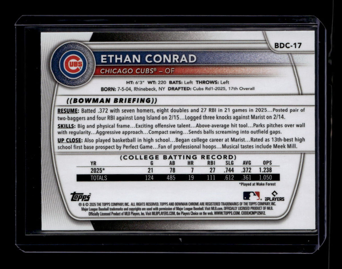 SOLD 180389 2025 Bowman Chrome Draft Green Refractor bdc17 Ethan Conrad Rookie 54/99
