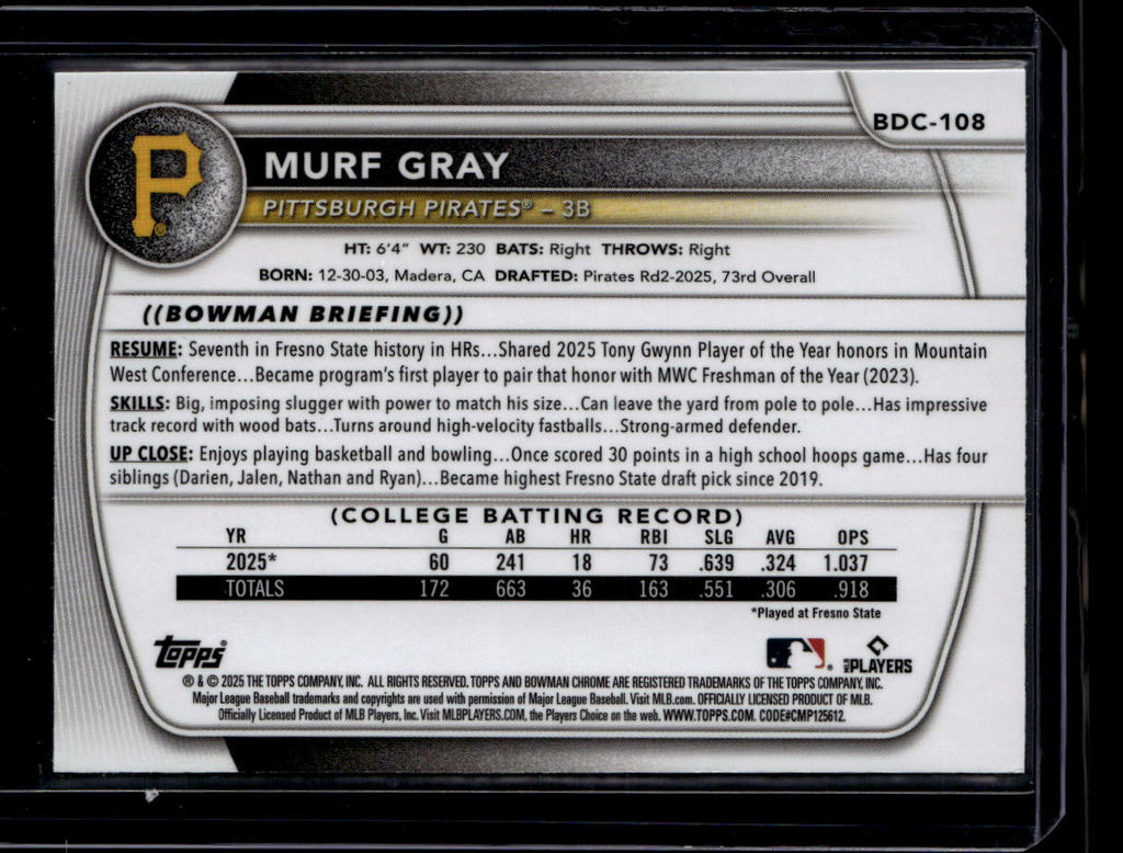 SOLD 180390 2025 Bowman Chrome Draft Aqua Reptillian Refractor Murf Gray Rookie 114/125