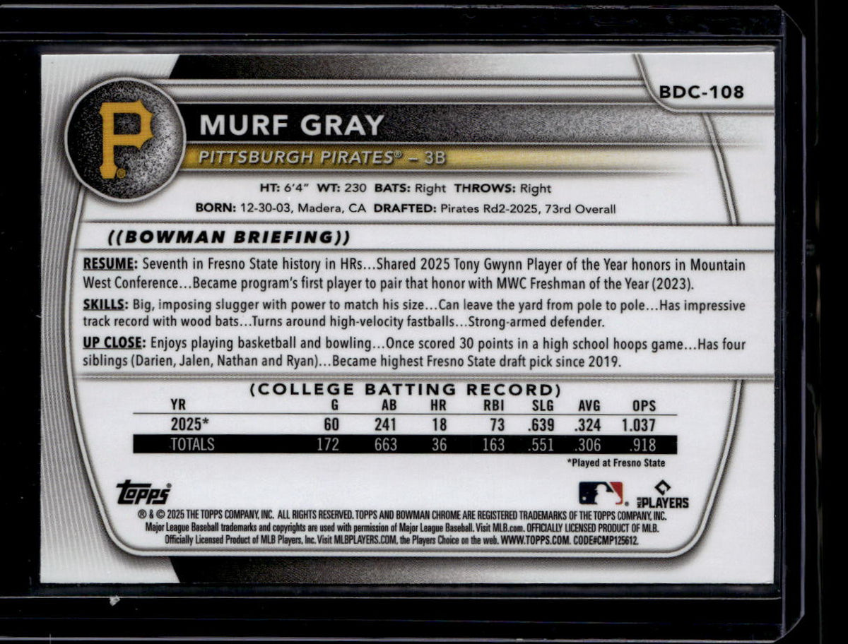 SOLD 180390 2025 Bowman Chrome Draft Aqua Reptillian Refractor Murf Gray Rookie 114/125