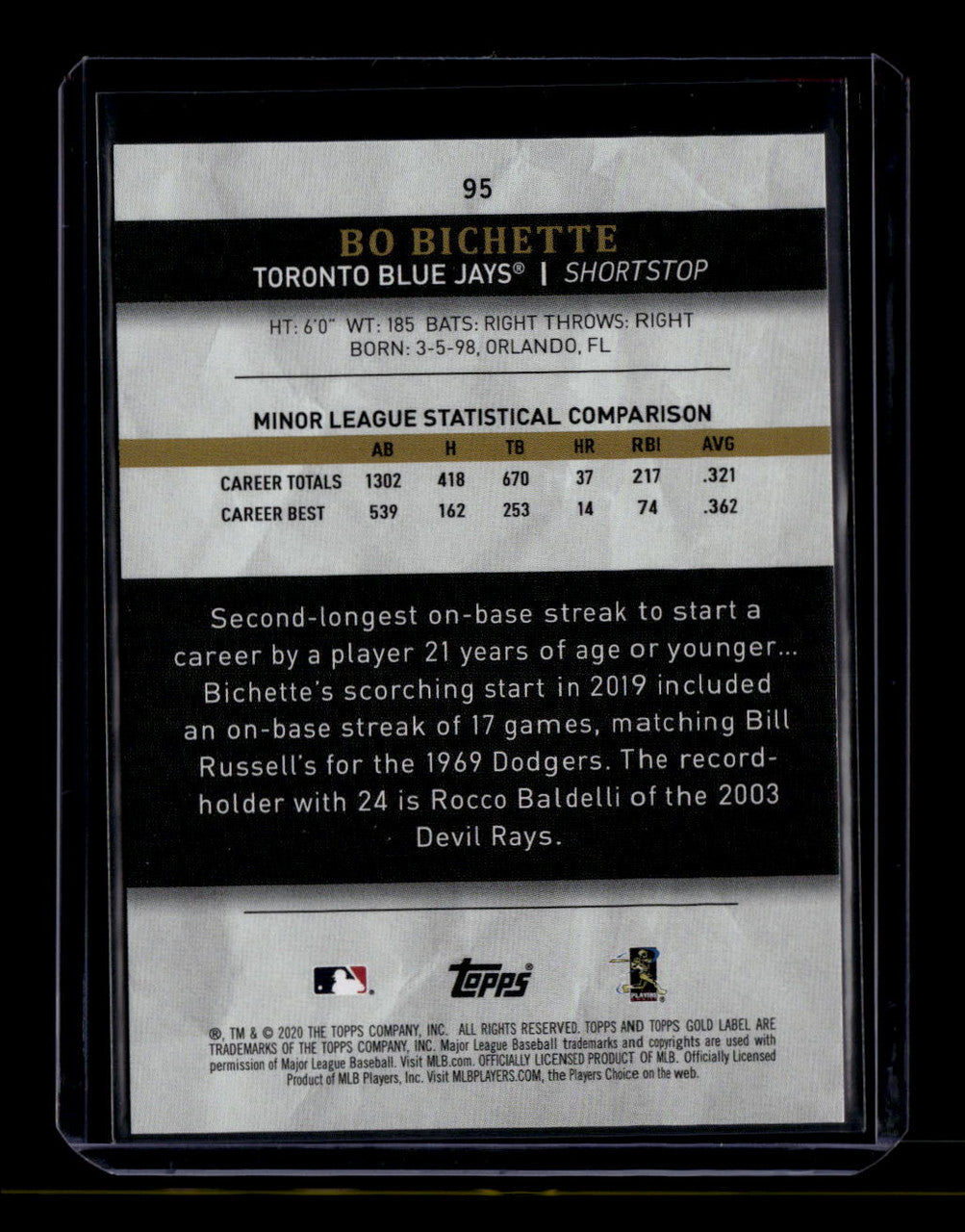 2020 Topps Gold Label Class 2 Red 95 Bo Bichette Rookie 1/50