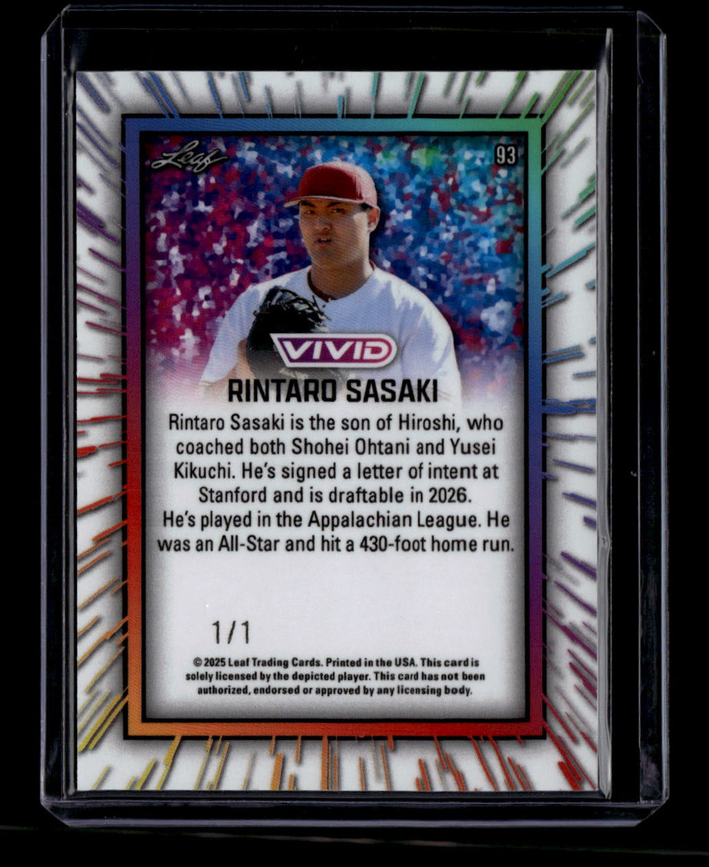 SOLD 180394 2025 Leaf Vivid Prismatic Black 93 Rintaro Sasaki Rookie 1/1