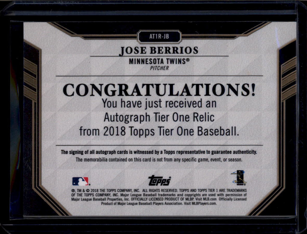 2018 Topps Tier One Autograph Relics ATRJB Jose Berrios Patch Auto 27/70