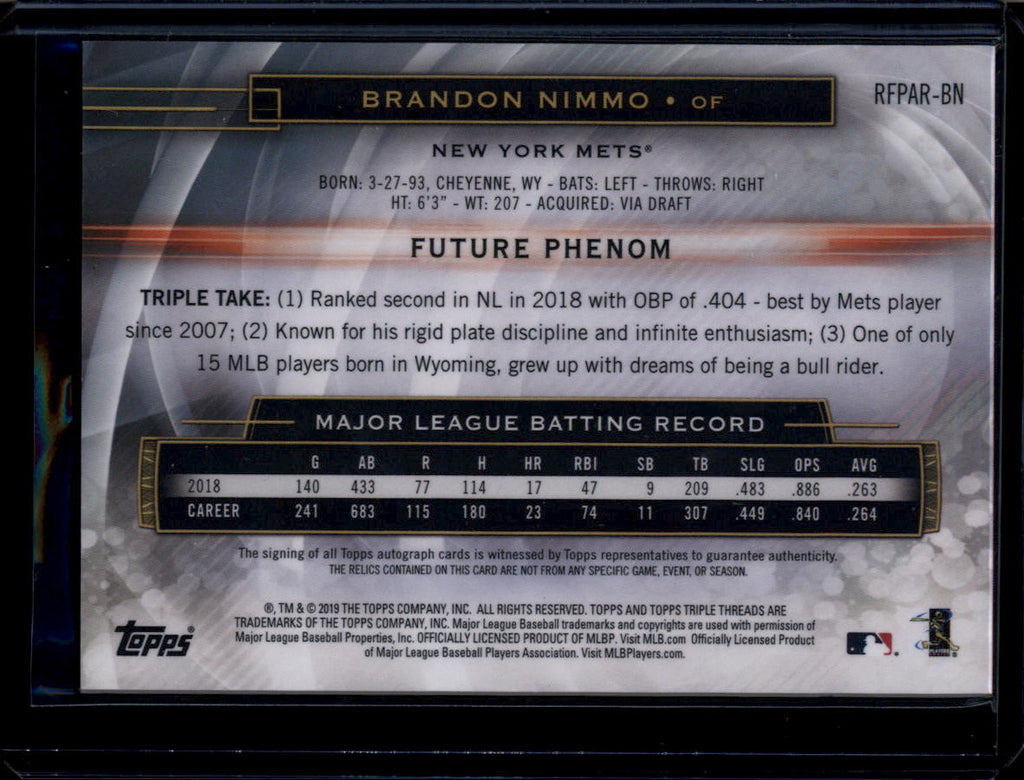 2019 Topps Triple Threads RFPARBN Brandon Nimmo Triple Bat Jersey Auto 93/99