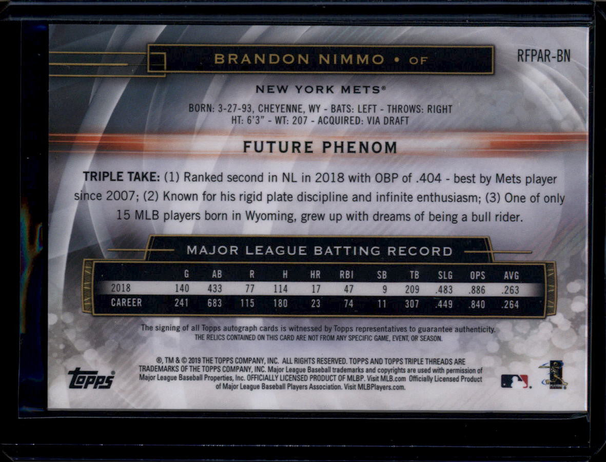 2019 Topps Triple Threads RFPARBN Brandon Nimmo Triple Bat Jersey Auto 93/99