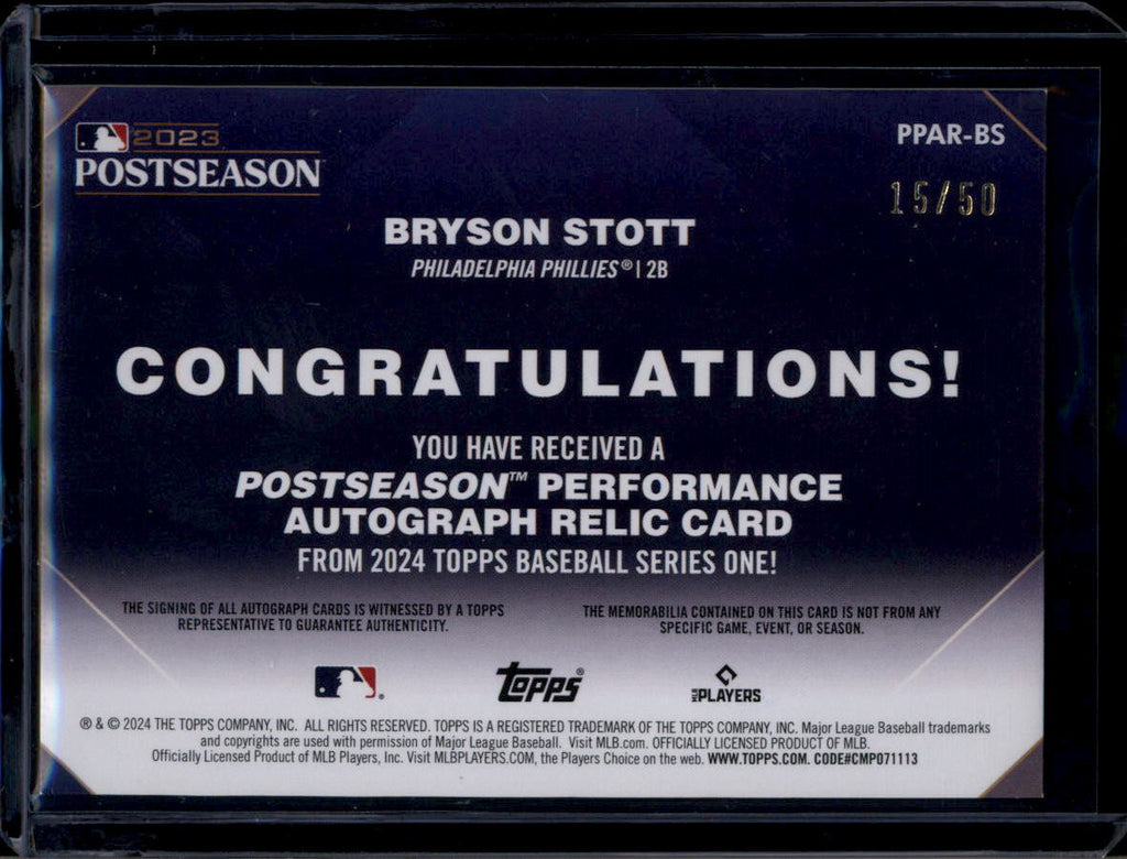 SOLD 180405 2024 Topps Postseason Performance Autograph Relic Bryson Stott Jersey Auto 15/50