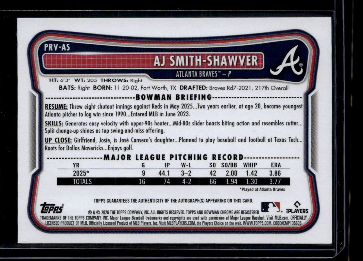 SOLD 180410 2026 Bowman Rookie and Veteran Autographs Gold PRVAS AJ Smith-Shawver Auto 15/50